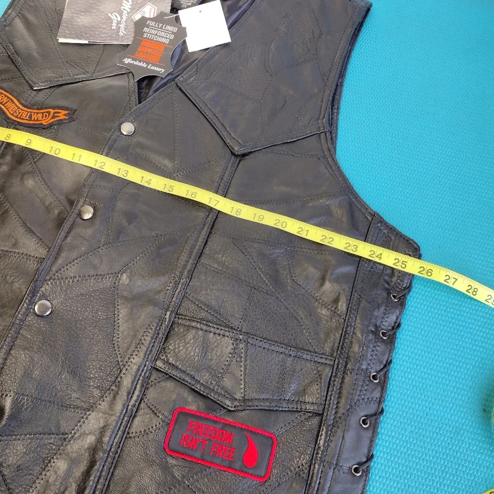 Diamond Plate Buffalo Mens Leather Vest Embroidered Patches 2X New